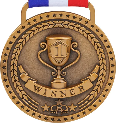 Vista 8 de Medallas de bronce dorado y plateado para premios de trofeo del 1er 2º y 3er lugar, acabado brillante o antiguo con cinta de satén roja, blanca