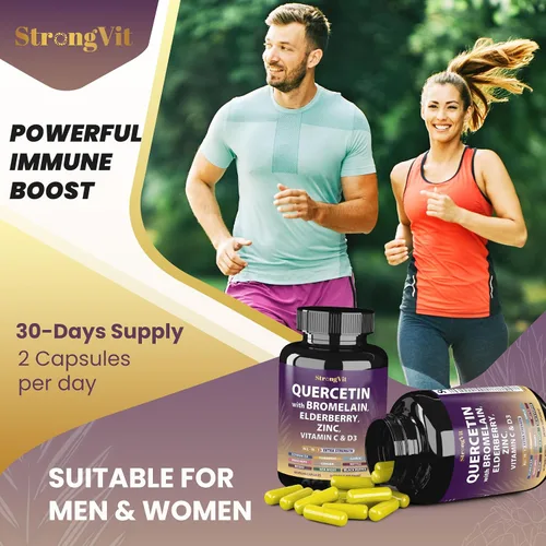 Vista 4 de StrongVit Quercetina con bromelina, saúco, vitamina C, D3 y zinc. Suplemento de apoyo súper inmunológico. Complejo orgánico para hombres y mujeres