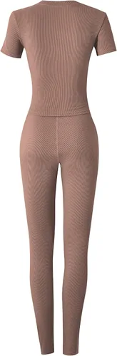 Vista 9 de Conjunto deportivo acanalado casual de 2 piezas para mujer, manga corta, cuello redondo y leggings elásticos de cintura media