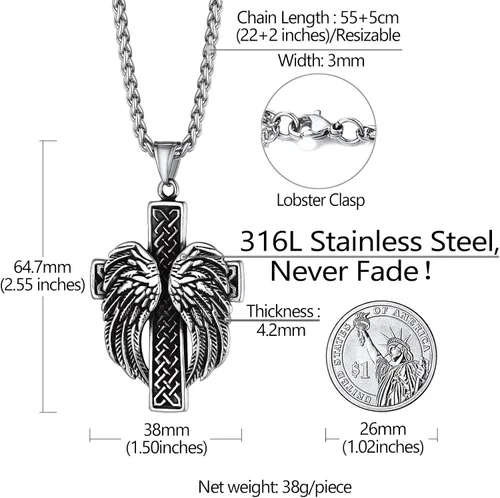 Vista 4 de Richsteel Collar de acero inoxidable con colgante de cruz de alas de ángelcuervo para hombres y mujeres, joyería vikinga vintage