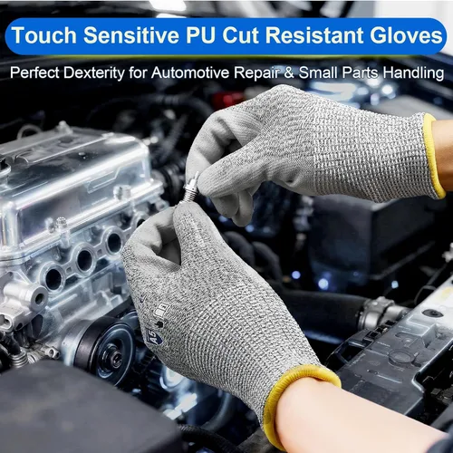 Vista 7 de Dowellife Guantes de trabajo resistentes a cortes Nivel 5 para hombres y mujeres, guantes de jardinería transpirables recubiertos de PU, agarre