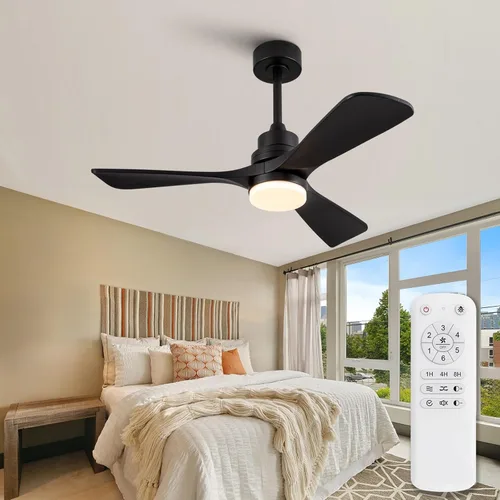 Vista 2 de Ventiladores de techo negros de 42 pulgadas con luces y control remoto, luz LED regulable, 3 cuchillas de madera, función de memoria, motor CC