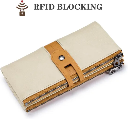 Vista 5 de Cartera para mujer de gran capacidad de piel sintética plegable con bloqueo RFID, tarjetero con bolsillo con cremallera