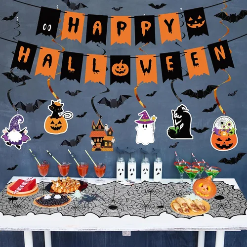 Vista 7 de Juego de decoraciones de Halloween para interiores – Decoración festiva de Halloween, pancarta colgante de remolinos y telaraña, camino de mesa