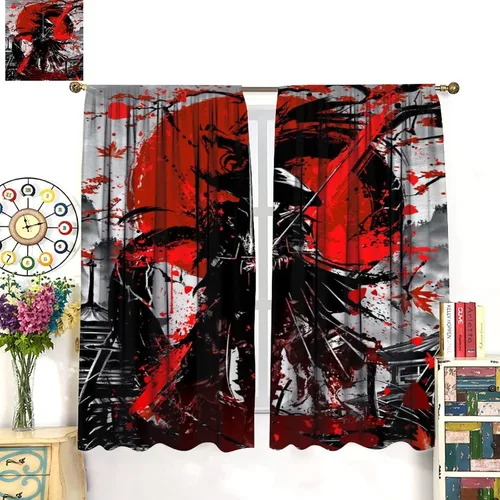 Vista 3 de Cortinas opacas con temática japonesa para dormitorio, acuarela, anime, samurái y dragón, flores de cerezo, cortinas de ventana con bolsillo