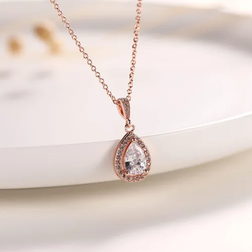Vista 3 de Vinjewelry Juego de collar y aretes de circonita cúbica chapados en oro rosa blanco de 14 quilates, joyería de boda para novia, Metal, otro