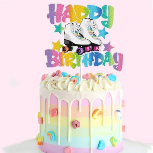 Vista 3 de Patín de ruedas Happy Birthday Cake Topper para niñas, retro, colorido, hip hop, tema, fiesta, decoración de tartas, suministros para rodar