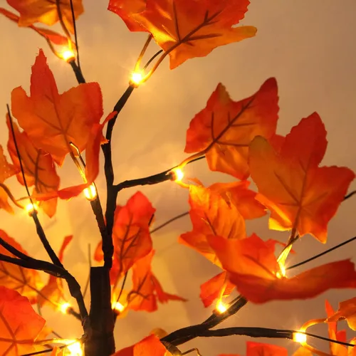 Vista 8 de Paquete de 2 árboles de arce iluminados de 20 pulgadas, 48 luces LED, árbol artificial de otoño para decoración de interiores de cosecha de Acción