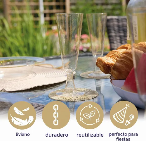 Vista 4 de MATANA 24 flautas de champán con purpurina dorada de 5 onzas, flautas de champán de plástico transparente reutilizables, paquete al por mayor, copas