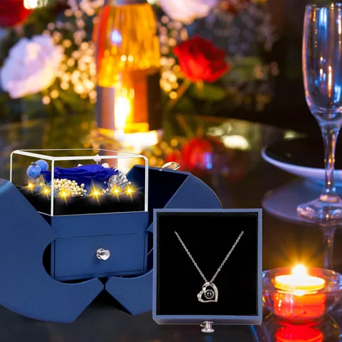 Vista 4 de Lebana Rosa real azul preservada con collar "I Love You", flores eternas, regalos de cumpleaños para mujeres, su madre, esposa, novia, abuela