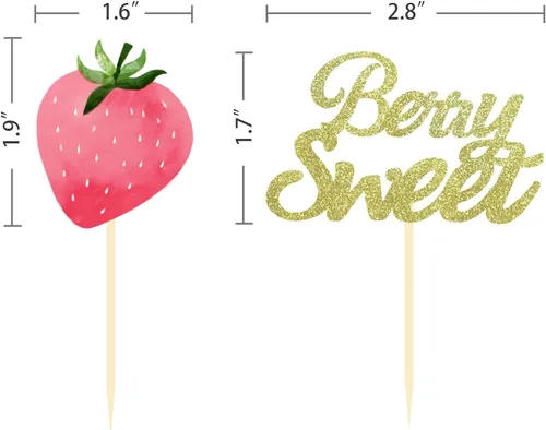 Vista 2 de 24 piezas de decoración para cupcakes de fresa con purpurina y bayas dulces para temática de bayas y fresas para niños, cumpleaños, fiesta de Berry