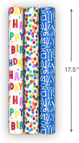 Vista 4 de Hallmark Mini rollos de papel de regalo de cumpleaños, paquete de 3 (lunares arcoíris y letras, Yay azul y blanco) para fiestas infantiles