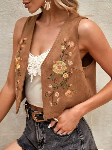 Vista 4 de Verdusa Chaleco de vaquera sin mangas con bordado floral para mujer