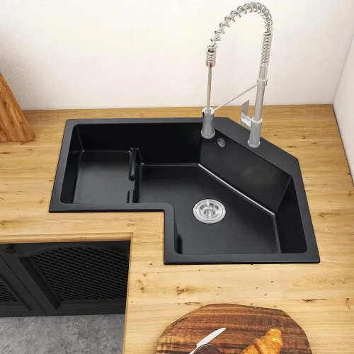 Vista 2 de LOVEDIMA Fregadero de cocina de esquina negro de 32 pulgadas, fregadero izquierdo irregular de cuarzo de un solo tazón con tubo de drenaje