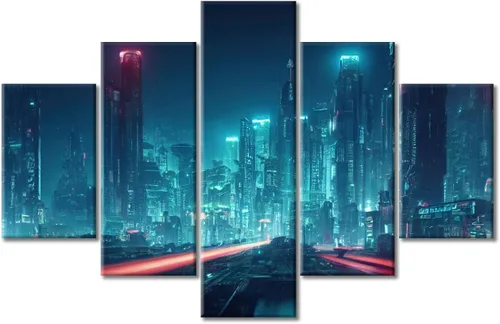 Vista 329 de Cuadros de 5 paneles de Cyberpunk City, arte de pared, representación de vallas publicitarias, edificios modernos en la capital con obras de arte
