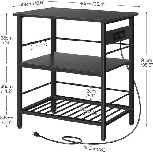 Vista 3 de HOOBRO Isla de Cocina con Almacenamiento, Mesa de Isla de Cocina con Toma de Corriente, 35.4" L Estación de Café de 3 Niveles y Soporte para Negro