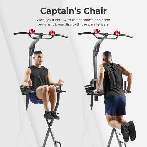 Vista 4 de Sunny Health & Fitness Power Tower Dip Station & Pull-Up Bar, Multi-Function Strength Training Equipment with Captain’s Chair, Push-Up Bars & Core