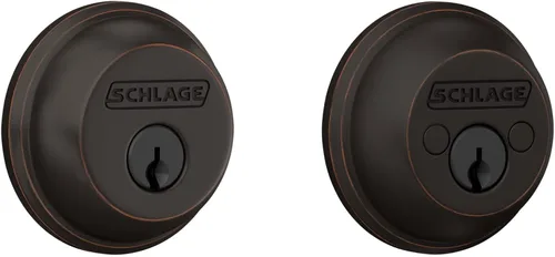 Vista 24 de Schlage Single Cylinder Front Door Deadbolt, Aged Bronze Cerrojo de un solo cilindro con llave exterior y giro en el interior, ajuste universal