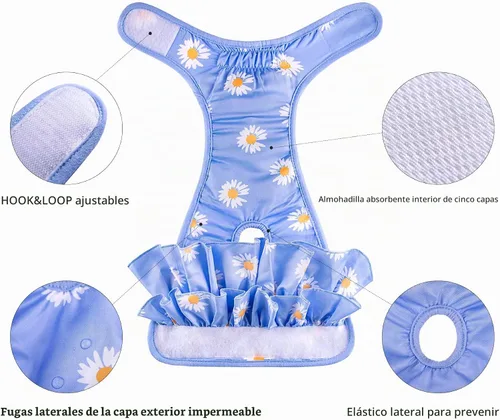 Vista 5 de Pañales lavables para perras, falda duradera para vestido de perro, pañales reutilizables para mascotas y cachorros, bragas de calor para perras