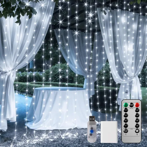 Vista 8 de Brightown - Cadena de luces de cortina con 300 LED, 3 mt de luces colgantes de hadas con control remoto, 8 modos, luces impermeables para ventanas