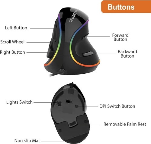 Vista 4 de J-Tech Digital Ratón ergonómico con cable mouse vertical RGB para juegos con 5 ajustes de DPI ajustables de hasta 4000 DPI mouse de computadora