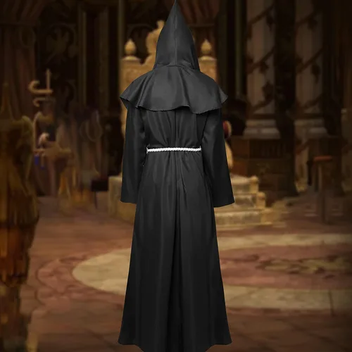 Vista 4 de Disfraz de fraile medieval renacentista, monje con capucha, disfraz de Halloween