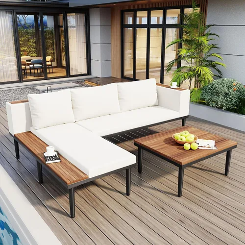 Vista 3 de KLMM Sofá modular de madera de acacia en forma de L para patio con cojines extraíbles y mesa auxiliar, juego de conversación al aire libre con mesa