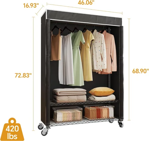 Vista 4 de Higeego H4 Plus Perchero Enrollable con Cubierta, Perchero de Ropa Resistente con Ruedas, Closet Portátil para Colgar Ropa, Organizador
