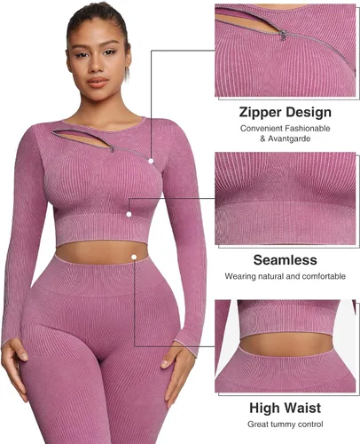 Vista 3 de Conjuntos de entrenamiento para mujer, 2 piezas, manga larga, trajes de yoga, gimnasio, sin costuras, acanalados, cintura alta, leggings