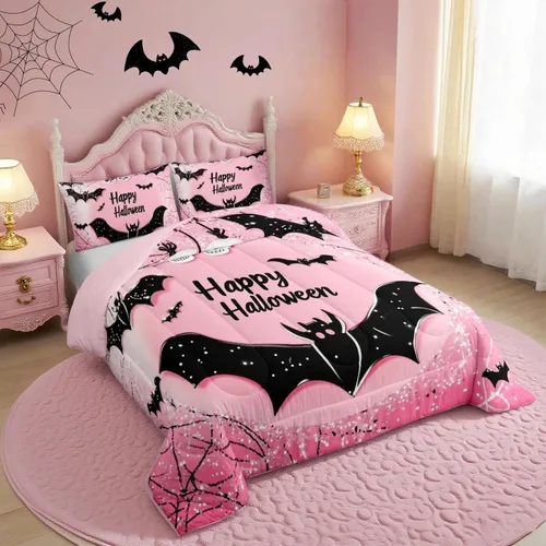 Vista 23 de Feelyou Juego de edredón de calabaza para todas las estaciones, decoración de Halloween, juego de ropa de cama con 1 funda de almohada, microfibra