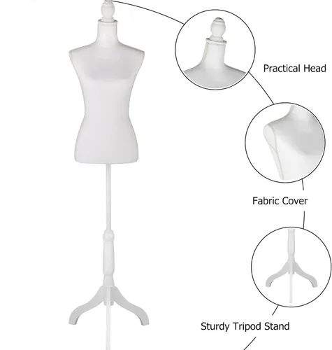 Vista 2 de Forma de vestido de cuerpo de torso de maniquí femenino blanco con soporte de trípode ajustable para exhibición de joyas de vestir