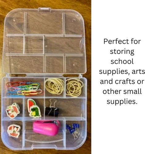 Vista 3 de Caja de almacenamiento, plástico, multifuncional, 9 compartimentos con tapa para artes, manualidades, escuela, suministros para el hogar.