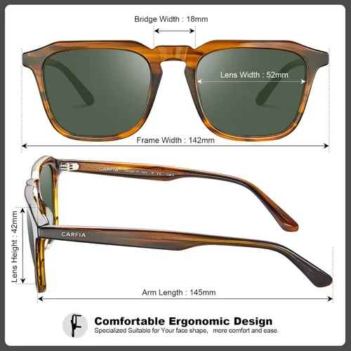 Vista 3 de CARFIA Gafas de sol cuadradas para hombre, polarizadas, retro, diseño de los años 60, acetato hecho a mano, protección UV400, lentes de sol geniales