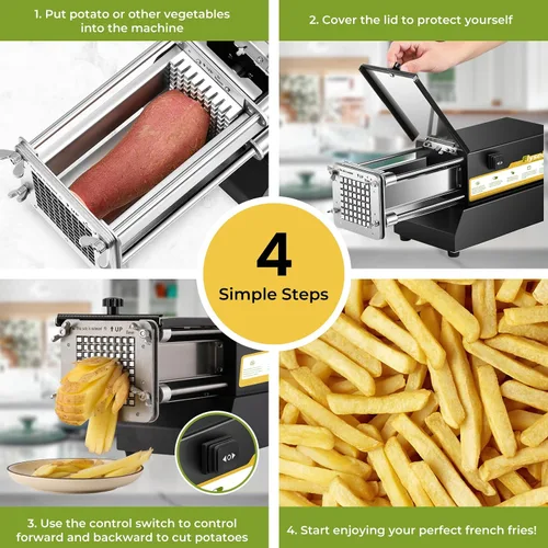 Vista 7 de Cortador de patatas fritas eléctrico de acero inoxidable profesional con 2 cuchillas para uso comercial, doméstico y pepinos, zanahorias, batatas