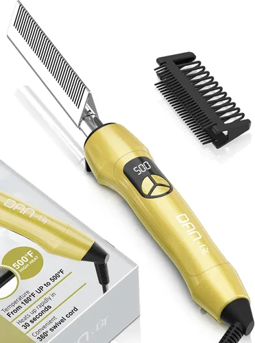 Vista 8 de Peine caliente de titanio en forma de V para pelucas y cabello negro natural, peine de presión de doble voltaje de 100-240 V con 3 ajustes de calor
