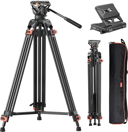 Vista 10 de COMAN Trípode de video de 74.4 pulgadas, trípode de cámara resistente con cabezal fluido y aleación de aluminio, carga máxima de 17.6 lbs/8 kg