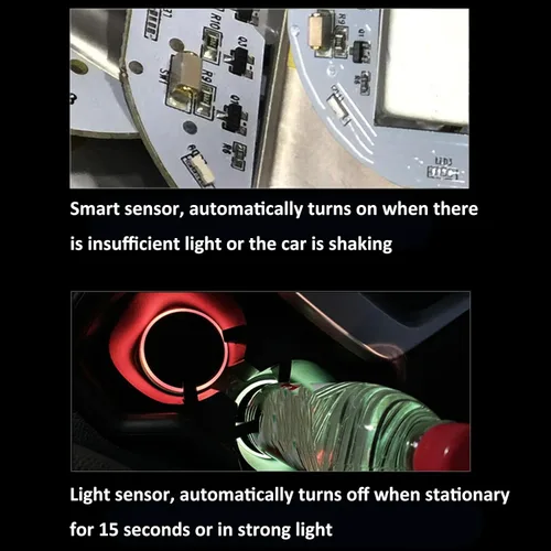 Vista 6 de Paquete de 2 posavasos con luz para automóvil, luces LED, sensor inteligente, recargable, 7 posavasos que cambian de color (A)