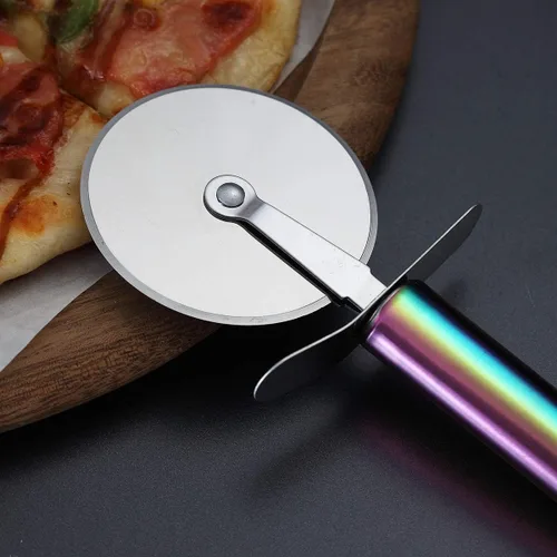 Vista 3 de Berglander Rueda de pizza, cortador de pizza de acero inoxidable con mango arcoíris, cortador de pizza súper afilado con chapado de titanio