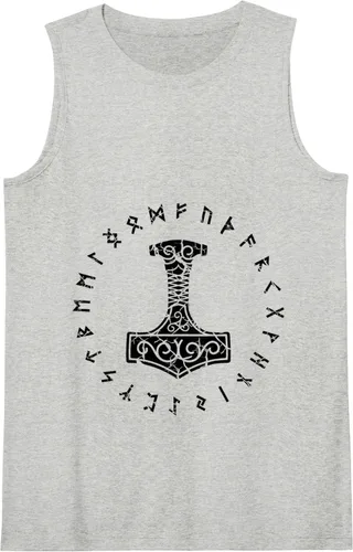 Vista 4 de Camiseta sin mangas vikingo nórdico Thors Hammer Mjolnir Elder Futhark Runes, Azul Blanco