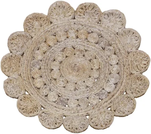 Vista 2 de Alfombra oriental tejida a mano de yute ecológica, 5 x 5 pies, forma redonda, color beige, patrón oriental, pelo alto, fibra natural, alfombras