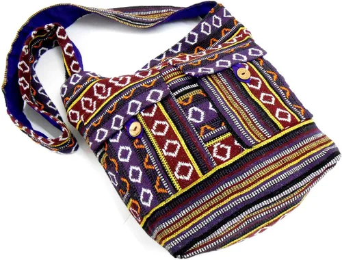 Vista 5 de Bandolera hecha a mano de algodón multicolor para mujer, estilo hippie, estilo bohemio, Malva y marrón, L, Duradero