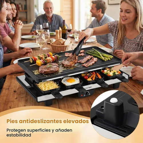 Vista 6 de COSTWAY Raclette - Parrilla para mesa 8, 2 en 1 con placa antiadherente reversible, 8 sartenes para queso, 8 espátulas de madera, pinzas y control
