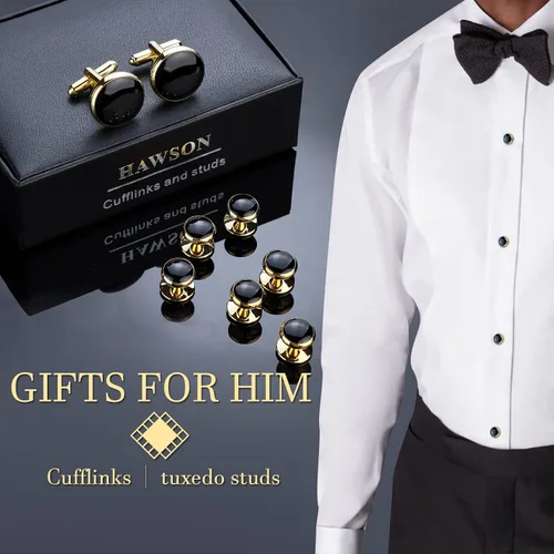 Vista 3 de HAWSON Juego de gemelos y tachuelas de esmoquin para hombre con caja de regalo joyas o accesorios para hombre adecuados para traje negro, camisas