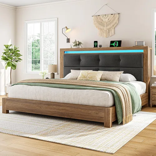 Vista 11 de EnHomee Base de cama de tamaño matrimonial con carga USB y tipo C y luces LED, cabecera de almacenamiento tapizada, cama de plataforma de madera