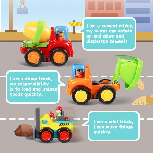 Vista 4 de Juego de tractor, excavadora, camión mezclador y volcador de fricción Push and Go de Huile, para bebés y niños