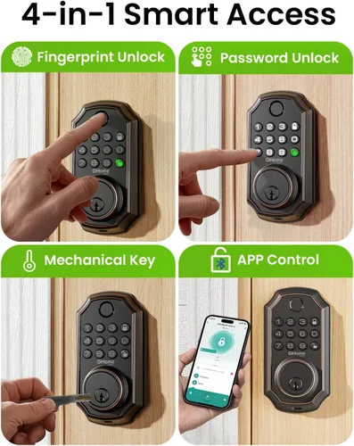 Vista 2 de GHome Smart cerradura inteligente para puerta KD30, cerrojo inteligente con huella dactilar para puerta delantera, cerradura de puerta de entrada