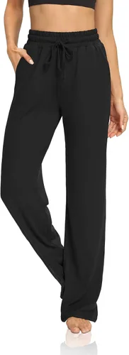 Vista 2 de DIBAOLONG Pantalones de yoga para mujer, pierna ancha, cómodos, con cordón, holgados, largos, palazzo, pantalones de entrenamiento con bolsillos