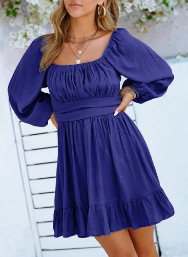 Vista 4 de Dokotoo Vestido largo para mujer, manga farol, cuello cuadrado, lazo sin espalda, vestido sexy con volantes, cintura elástica, acampanado, mini