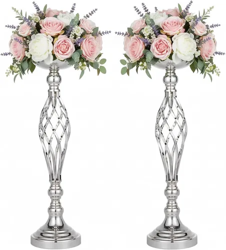 Vista 28 de 2 piezas de centros de mesa de boda para mesas de recepción, soportes de velas retorcidas, adornos, centros de mesa de metal con jarrón de flores
