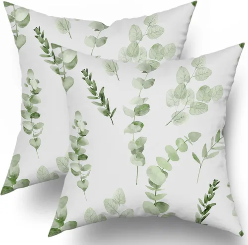 Vista 13 de Sweetshow Juego de 2 fundas de almohada decorativas de hojas azules marrones de 16 x 16 pulgadas, diseño de ramas de eucalipto, hojas florales